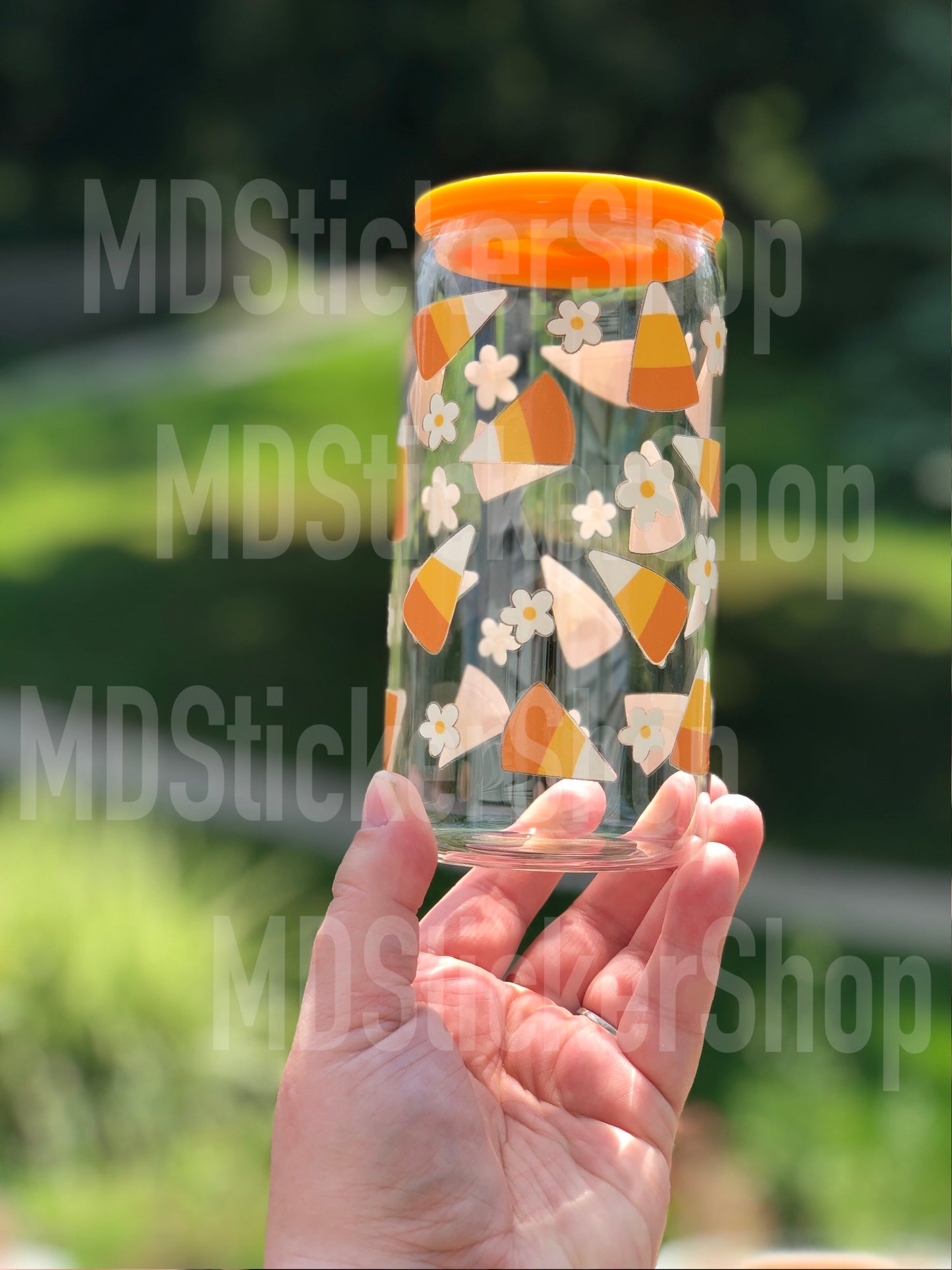 Candy Corn Daisy Halloween Beer Can Glass Cup