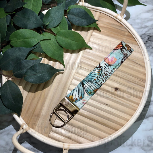 Blue Butterfly Print Fabric Keychain, Key Fob