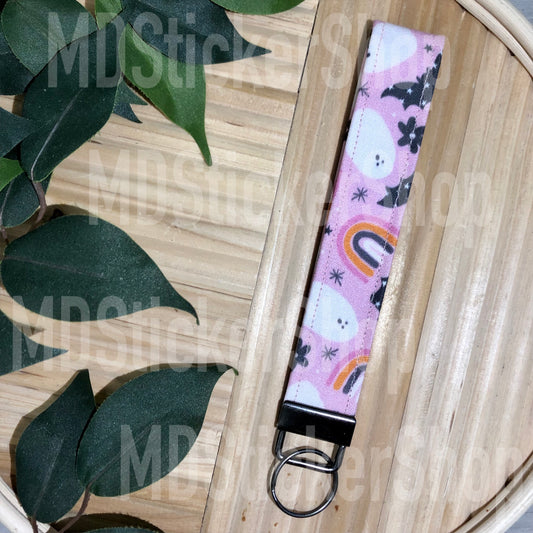 Pink Halloween Print Fabric Keychain, Key Fob