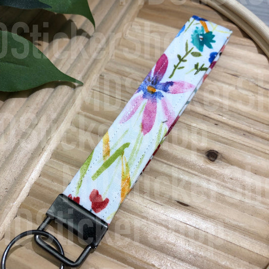 Summer Watercolor Floral Print Fabric Keychain, Key Fob