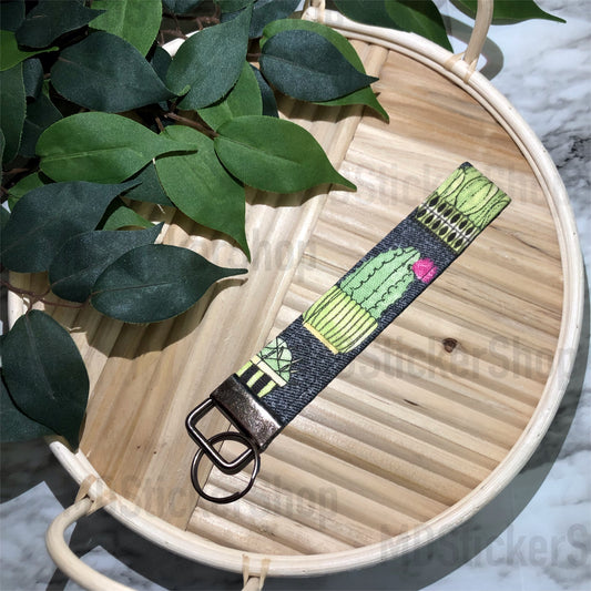 Denim Cactus Print Fabric Keychain, Key Fob