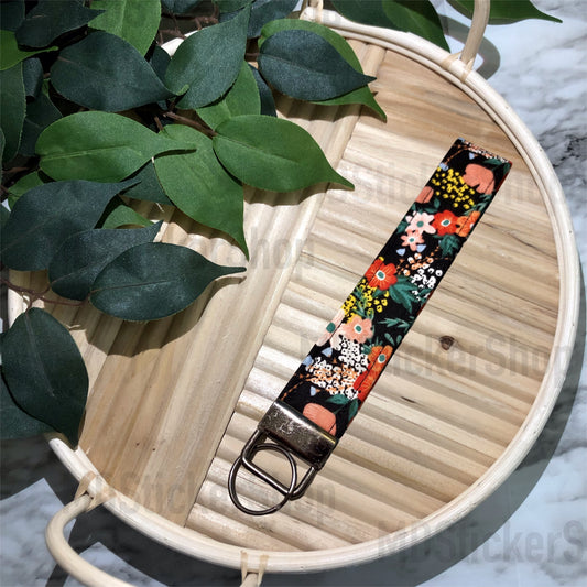 Black Floral Print Fabric Keychain, Key Fob
