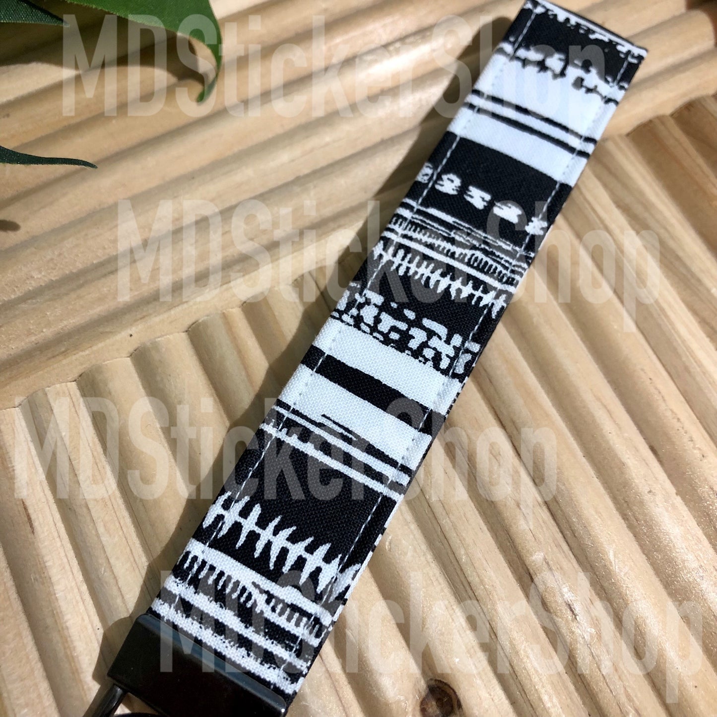 Black and White Stripe Print Fabric Keychain, Key Fob