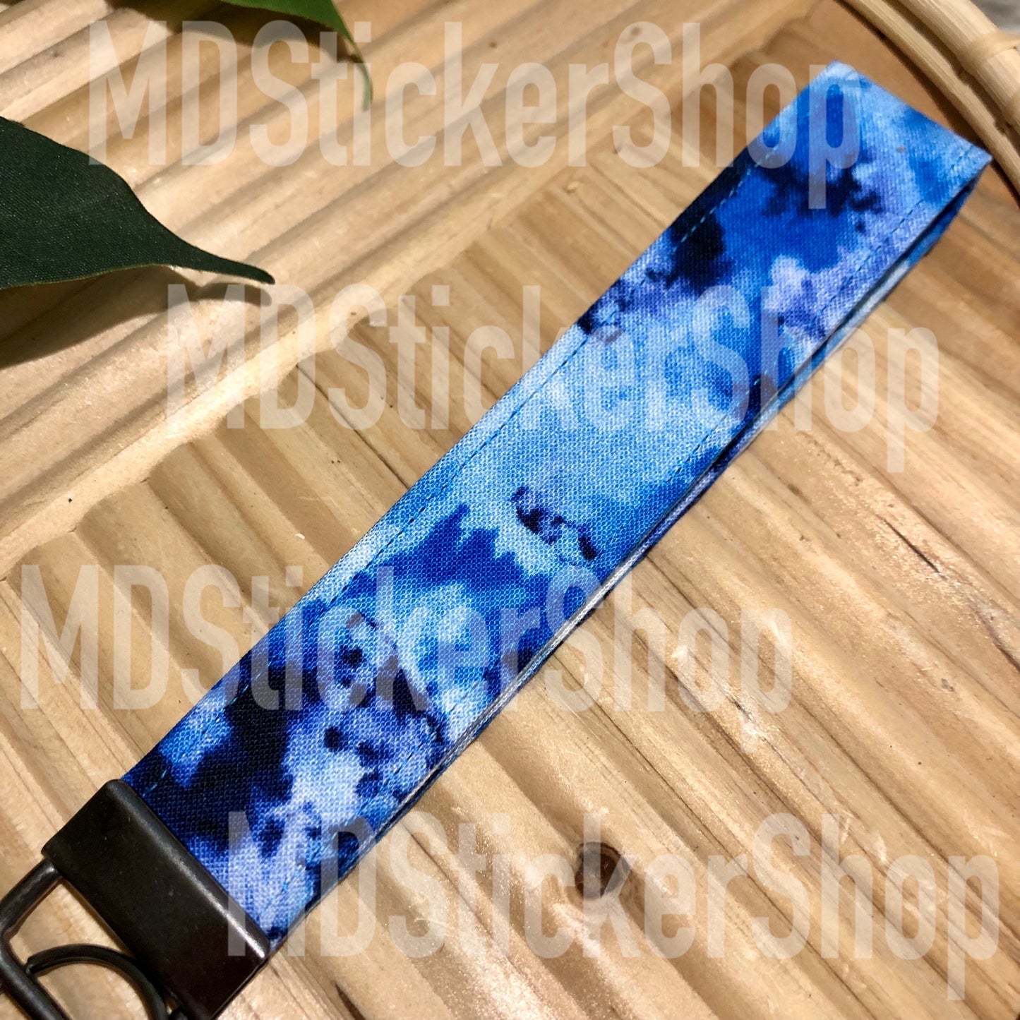 Blue Ink Dye Print Fabric Keychain, Key Fob