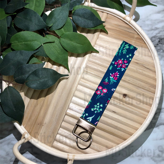 Pink/Green/Navy Floral Print Fabric Keychain, Key Fob