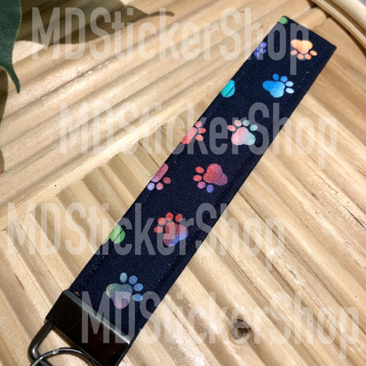 Colorful Paw Prints on Navy Print Fabric Keychain, Key Fob