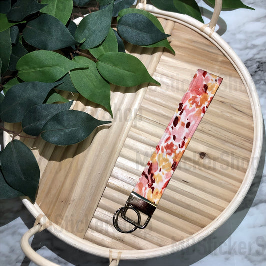 Warm Tone Watercolor Floral Print Fabric Keychain, Key Fob