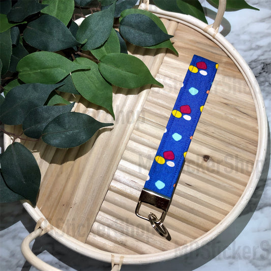 Colorful Dots on Blue Print Fabric Keychain, Key Fob