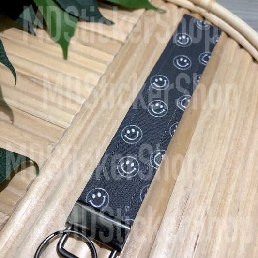 Charcoal Black Smiley Print Fabric Keychain, Key Fob