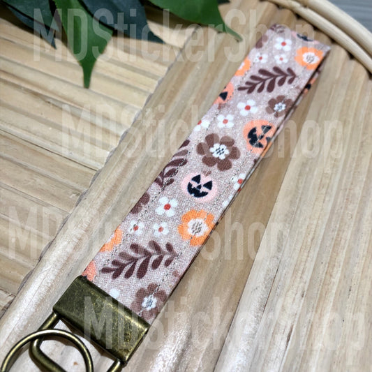 Floral Jack-O-Lantern Print Fabric Keychain, Key Fob