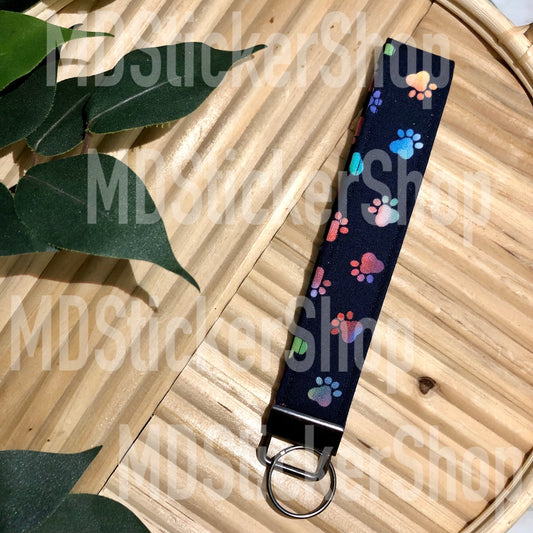 Colorful Paw Prints on Navy Print Fabric Keychain, Key Fob