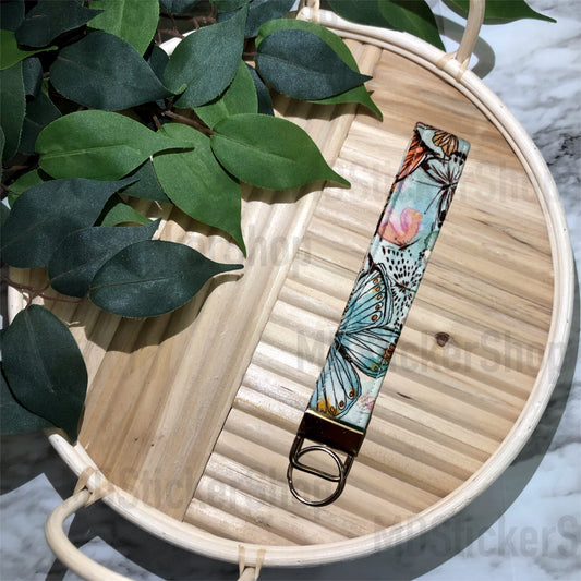Blue Butterfly Print Fabric Keychain, Key Fob