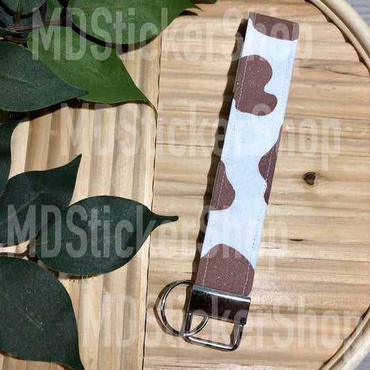 Brown and White Glitter Cow Print Fabric Keychain, Key Fob
