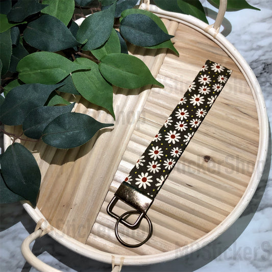 Deep Grey Floral Print Fabric Keychain, Key Fob