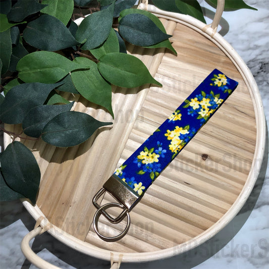 Blue and Yellow Floral Print Fabric Keychain, Key Fob