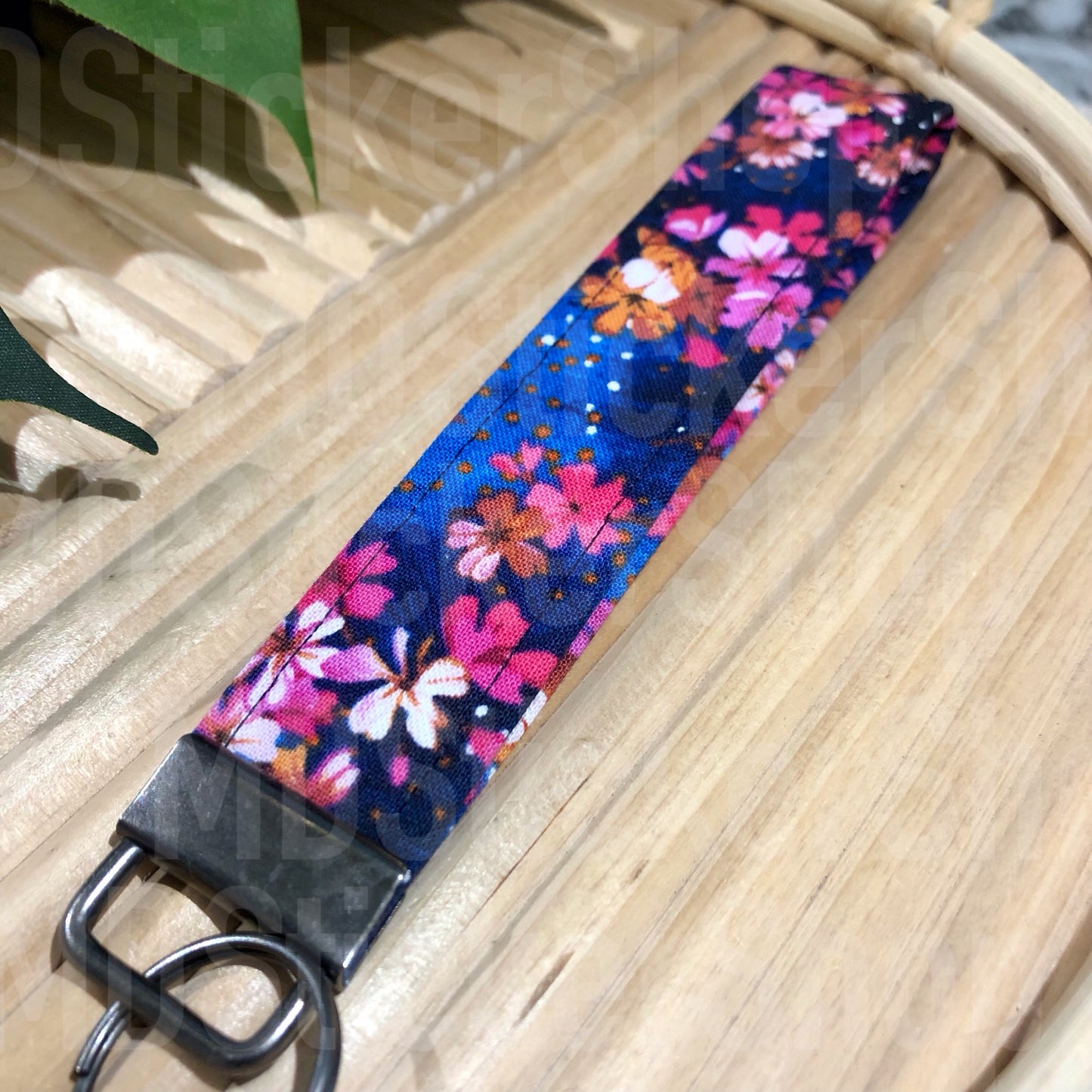 Cherry Blossom on Navy Print Fabric Keychain
