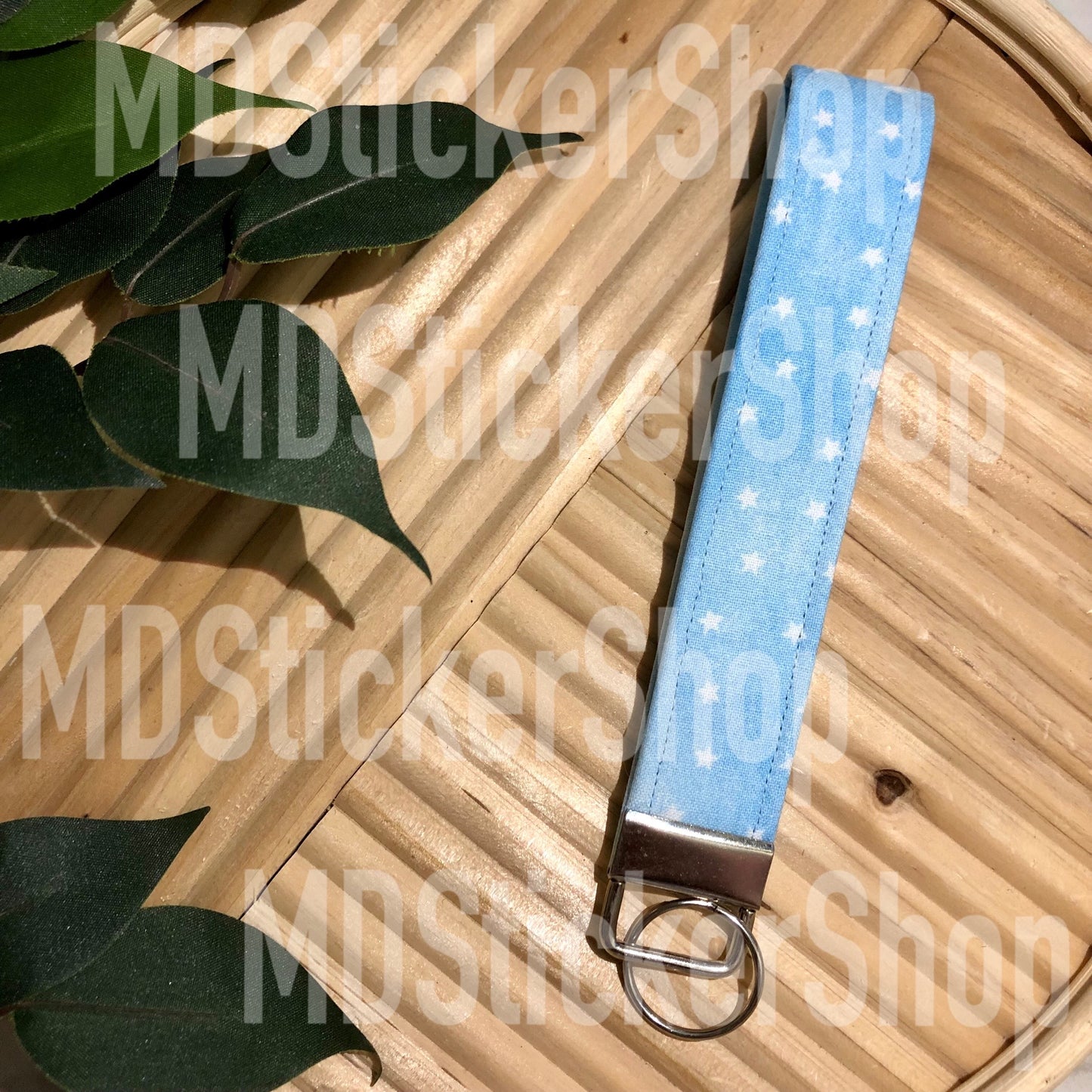Sky Blue Star Print Fabric Keychain, Key Fob