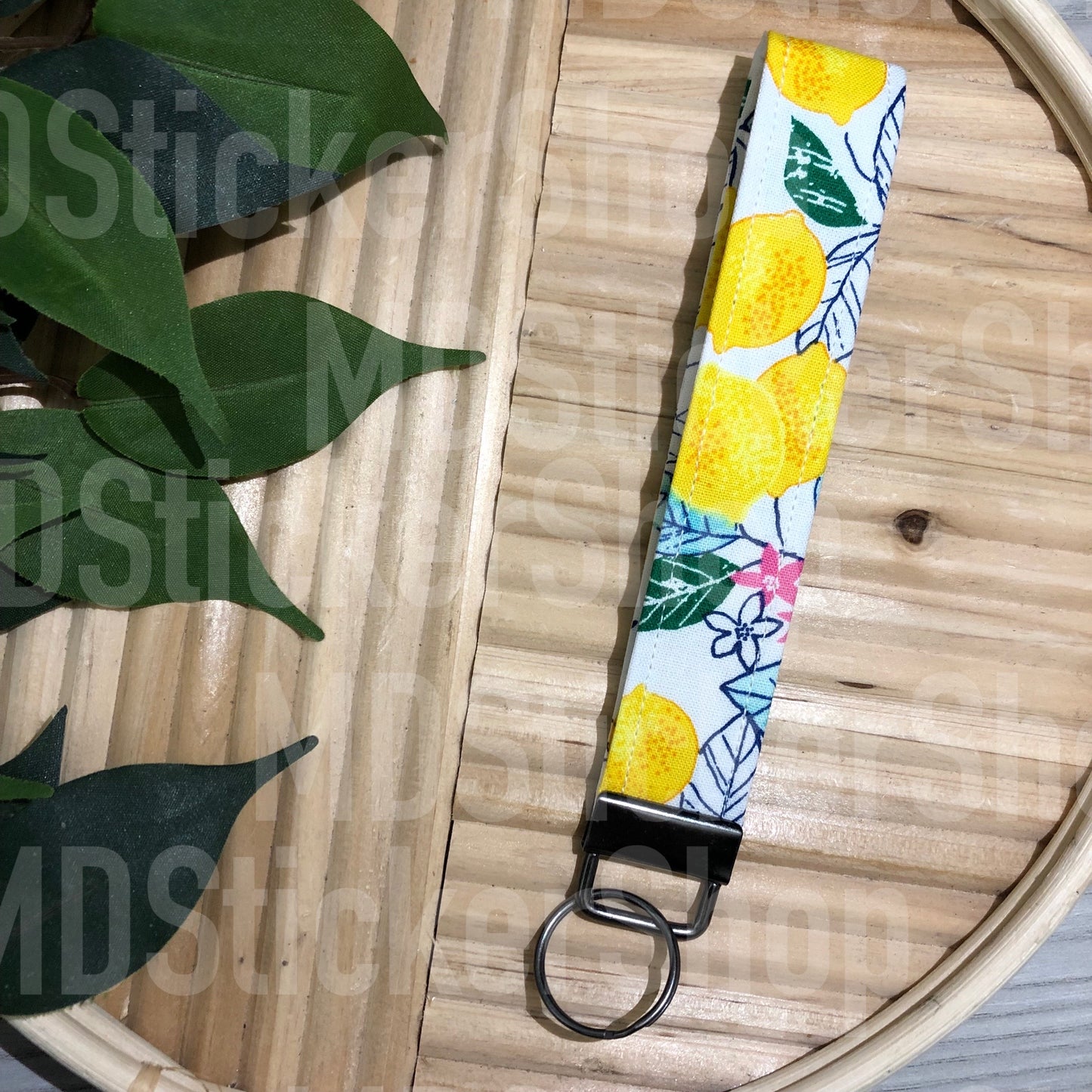 Bright Lemon Print Fabric Keychain, Key Fob
