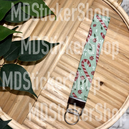 Green Candy Cane Print Fabric Keychain, Key Fob