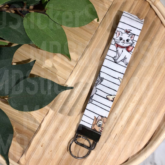 Cartoon Kitties on White Stripe Print Fabric Keychain