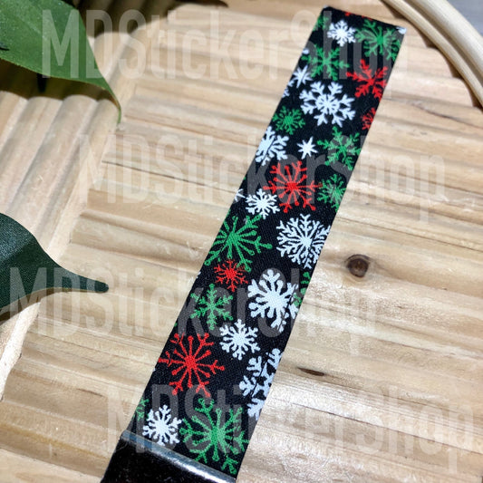 Black Snowflake Print Fabric Keychain, Key Fob