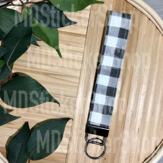 Charcoal and White Plaid Print Fabric Keychain, Key Fob