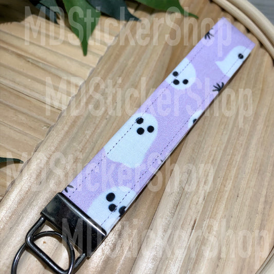 Purple Ghost Print Fabric Keychain, Key Fob