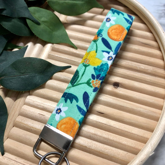 Oranges on Teal Print Fabric Keychain, Key Fob