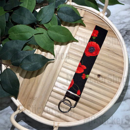 Poppy Print Fabric Keychain, Key Fob