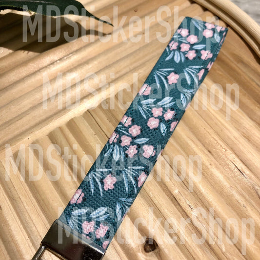 Blue and Pink Tiny Floral Print Fabric Keychain, Key Fob