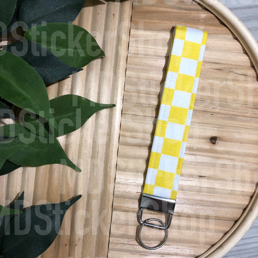 Yellow Check Print Fabric Keychain, Key Fob