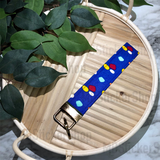 Colorful Dots on Blue Print Fabric Keychain, Key Fob