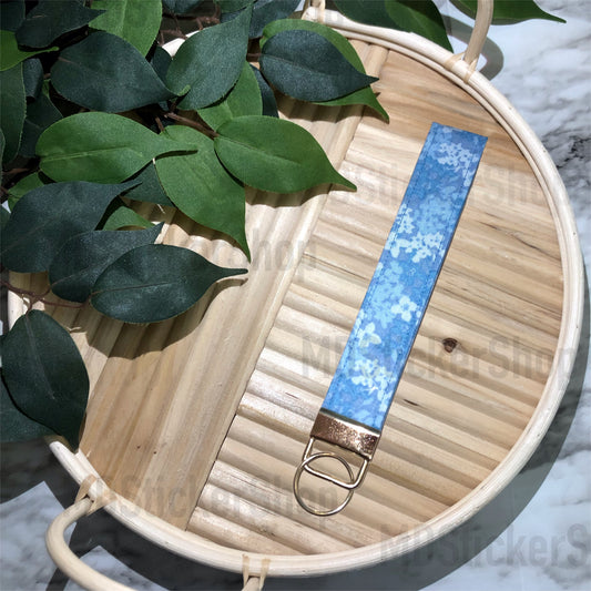Blue Hydrangea Print Fabric Keychain, Key Fob