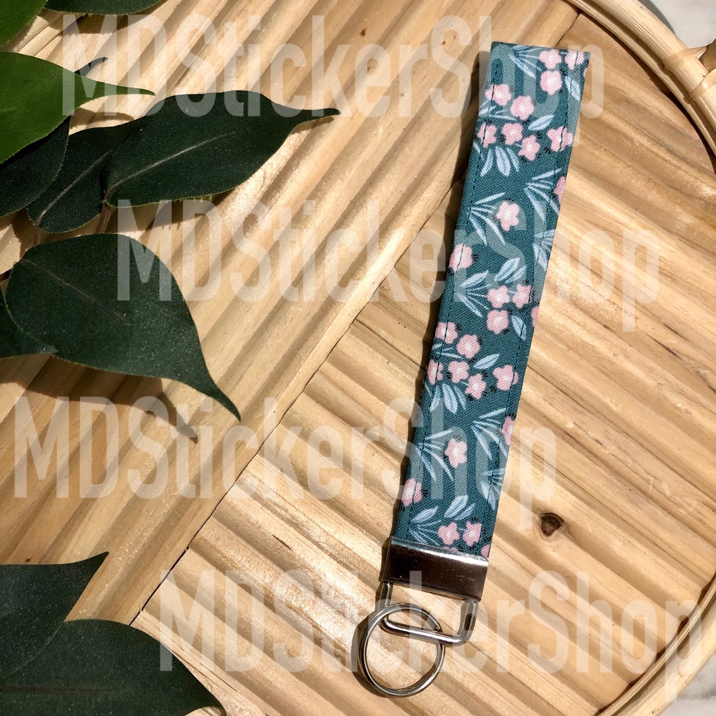 Blue and Pink Tiny Floral Print Fabric Keychain, Key Fob