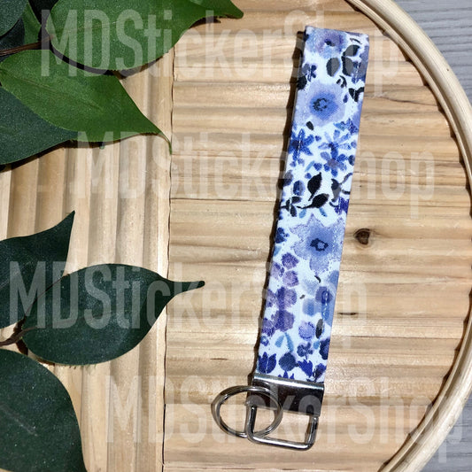 Blue and White Floral Print Fabric Keychain, Key Fob