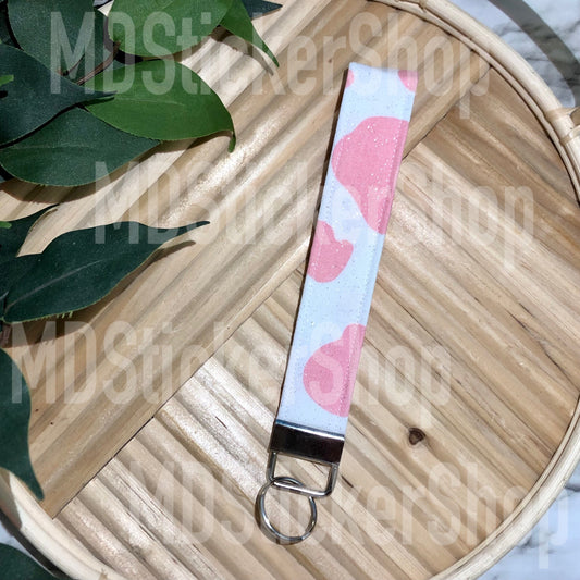 Pink and White Glitter Cow Print Fabric Keychain, Key Fob