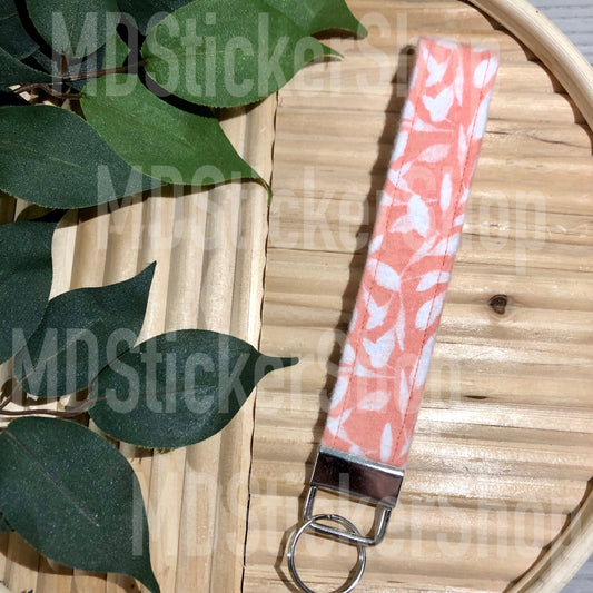 Pink and White Vine Print Fabric Keychain, Key Fob