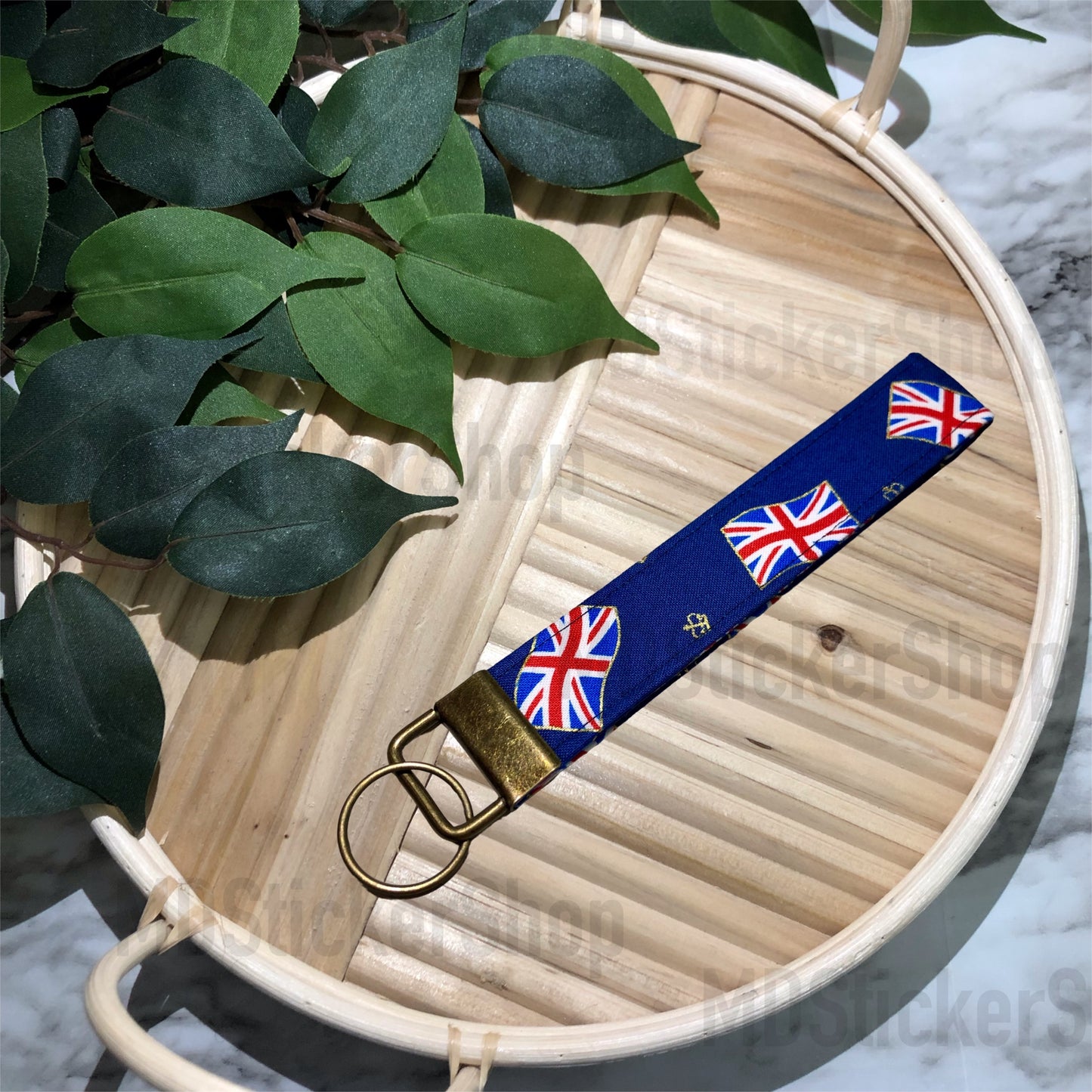 Union Jack Flag on Navy Print Fabric Keychain, Key Fob