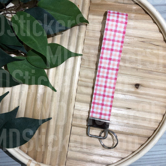 Pink and Orange Plaid Print Fabric Keychain, Key Fob