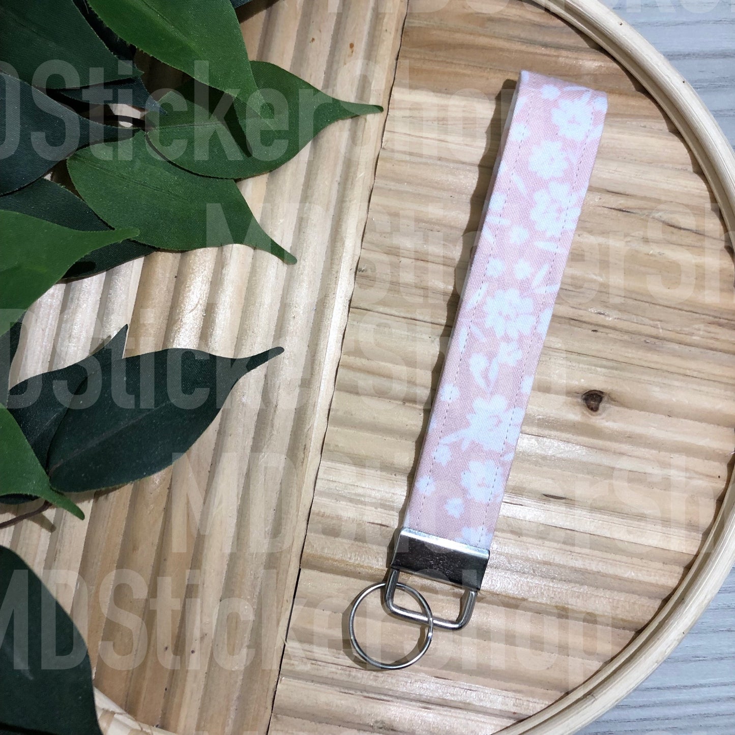 Light Pink and White Floral Print Fabric Keychain, Key Fob