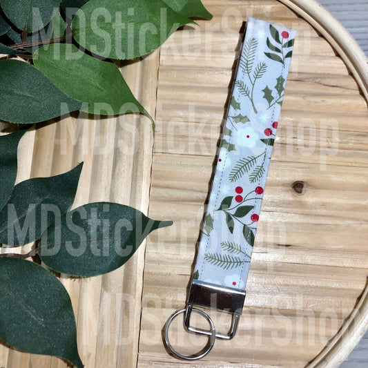 Grey Christmas Floral Print Fabric Keychain, Key Fob