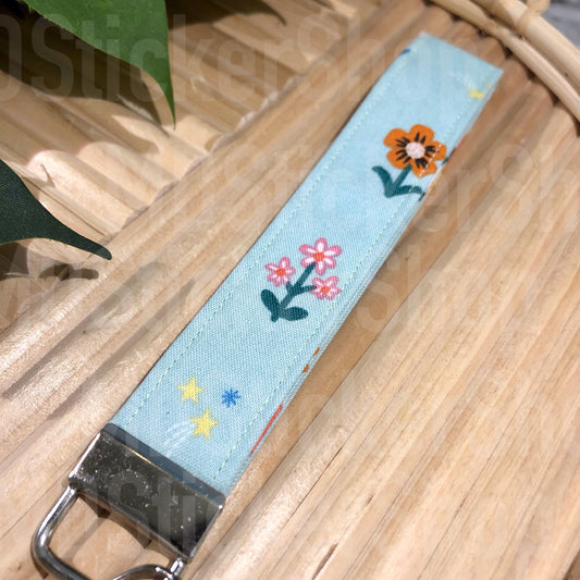 Single Flowers on Mint Print Fabric Keychain
