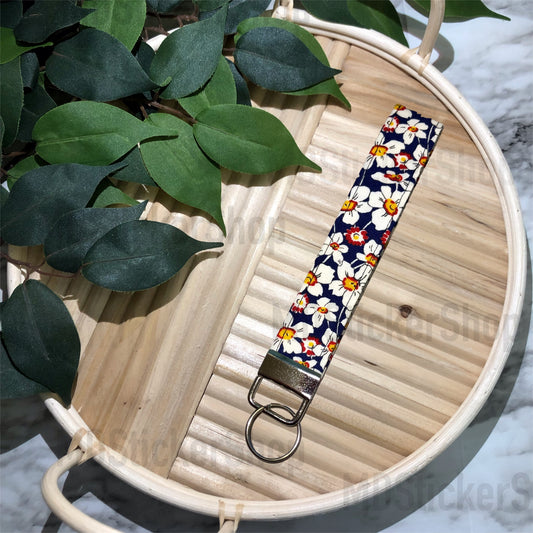 White/Red/Yellow Floral on Navy Print Fabric Keychain, Key Fob