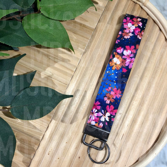 Cherry Blossom on Navy Print Fabric Keychain