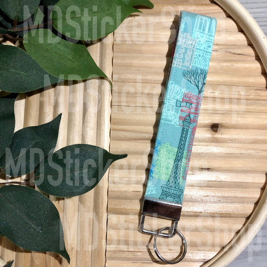 Paris Print Fabric Keychain, Key Fob