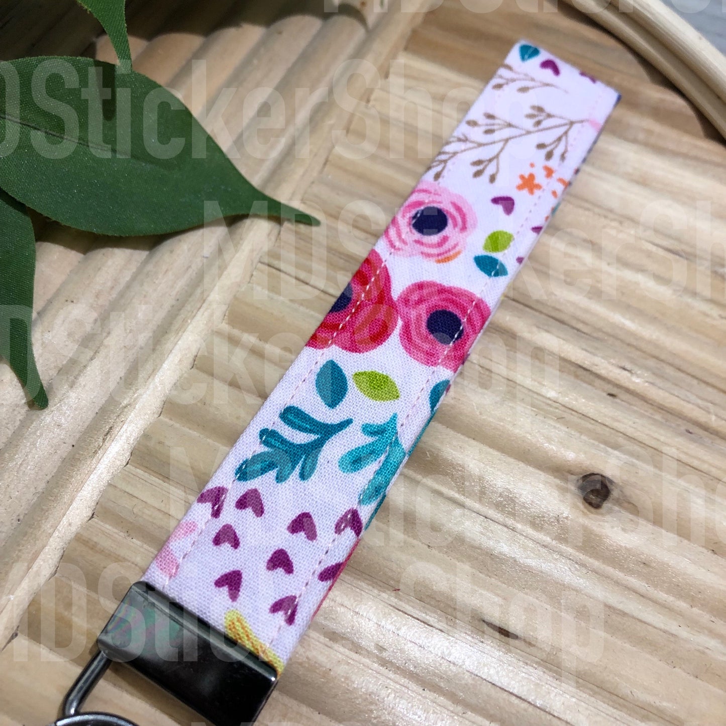 Pink Basic Floral Print Fabric Keychain, Key Fob