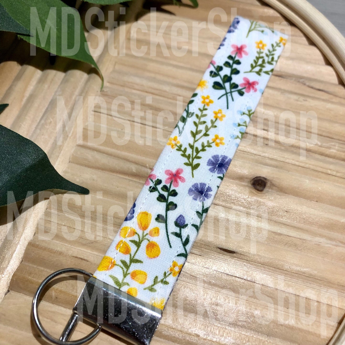 White Spring Garden Print Fabric Keychain, Key Fob