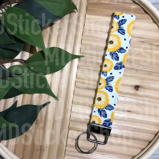 Golden Flower Print Fabric Keychain, Key Fob