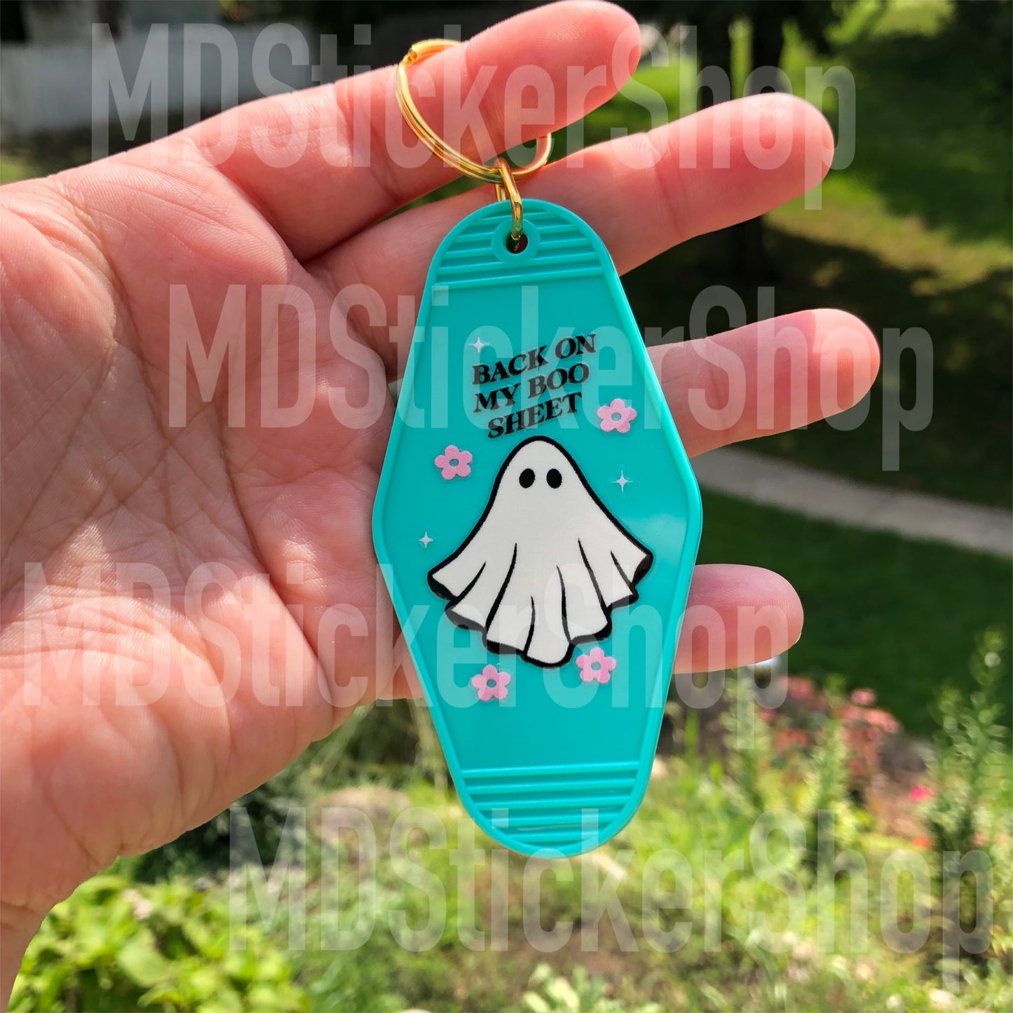 Back On My Boo Sheet Ghost Teal Hotel Keychain, Acrylic Keychain