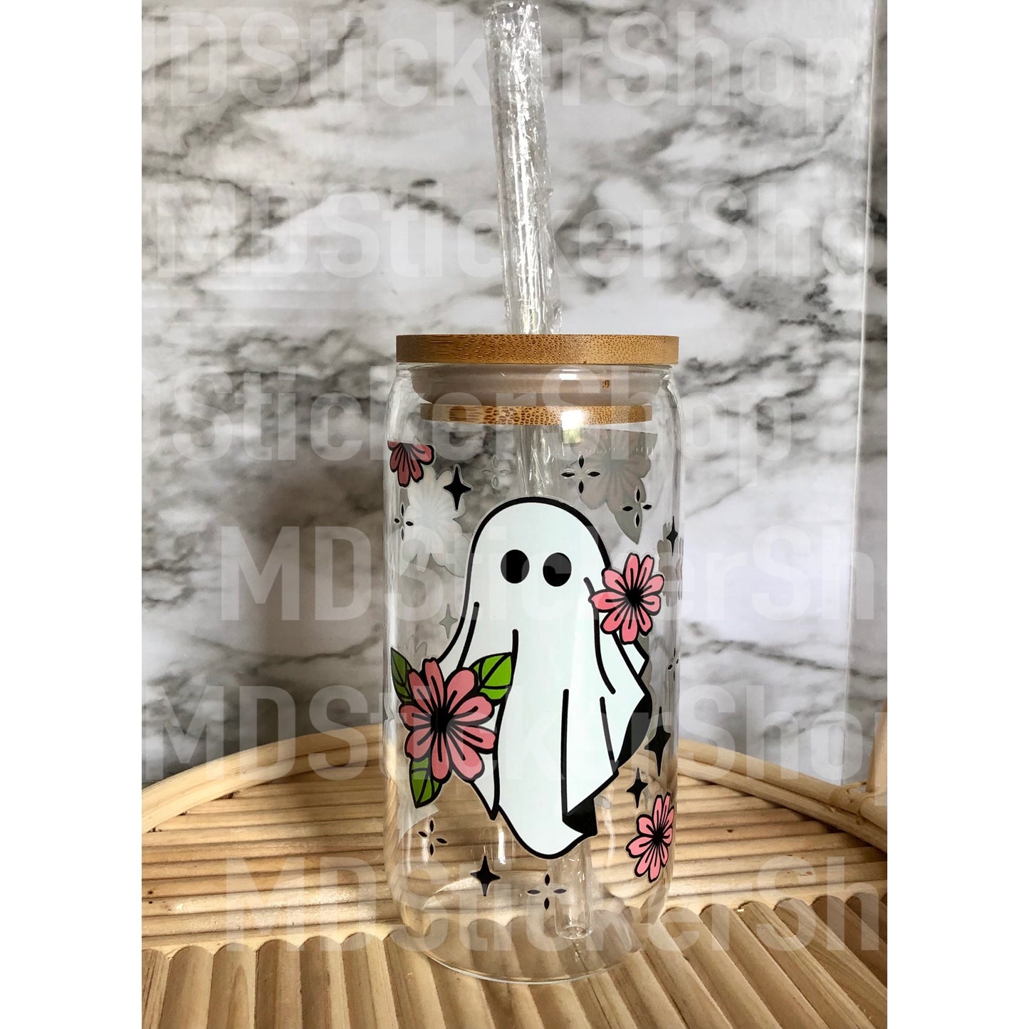 Floral Ghost Halloween Beer Can Glass Cup